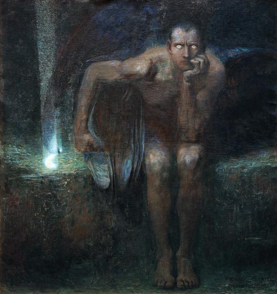 Surreal artwork of a thoughtful, seated figure of lucifer, illuminated by a soft light, creating a mysterious, contemplative atmosphere