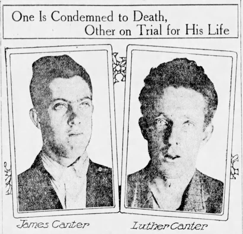Vintage newspaper photo of James Canter and Luther Canter, with headline stating one is condemned to death and the other on trial for his life.