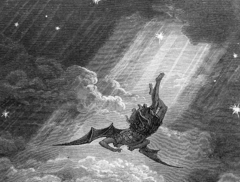Illustration of the fallen angel Lucifer being cast out of Heaven, descending through the clouds and stars in a dramatic celestial scene.