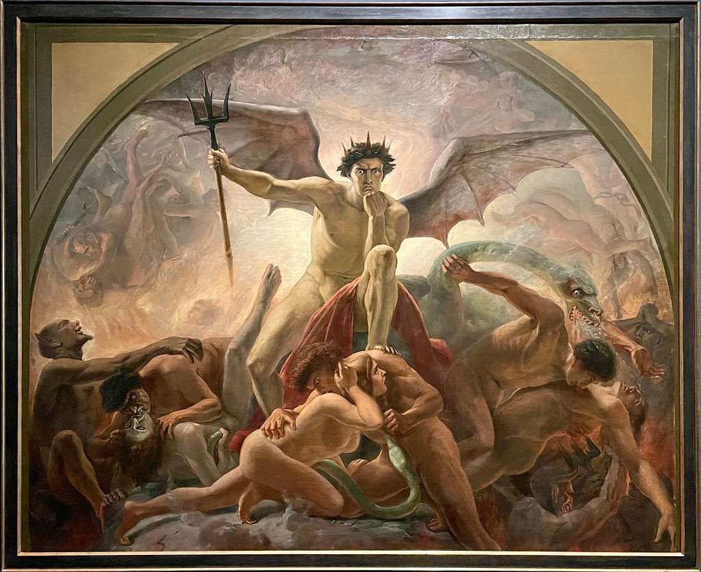 Painting of Satan on a throne in Hell surrounded by tormented souls, demons, and fire in a dramatic mythological scene.