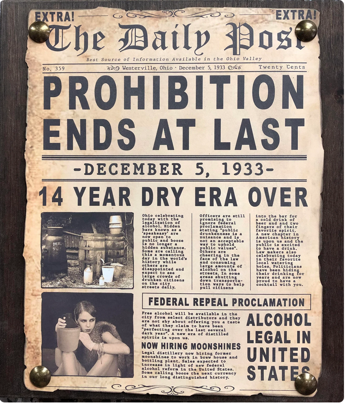 Vintage newspaper front page announcing the end of U.S. Prohibition on December 5, 1933, with bold headlines and historic visuals.